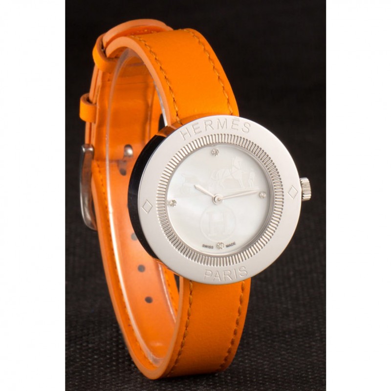 Hermes Classic MOP Dial Orange Leather Bracelet 801390-3
