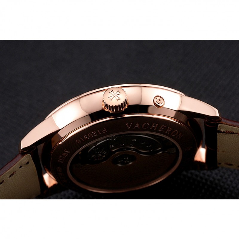 Swiss Vacheron Constantin Traditionnelle Power Reserve White Dial Rose Gold Case Brown Leather Strap-8