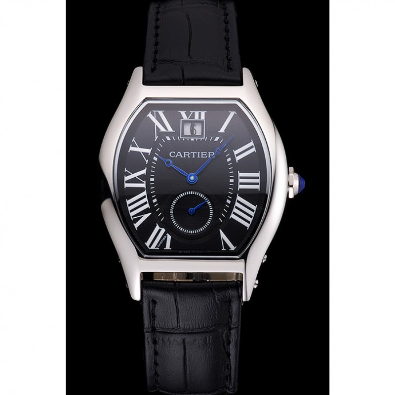 Cartier Tortue Large Date Black Dial Stainless Steel Case Black Leather Strap-1