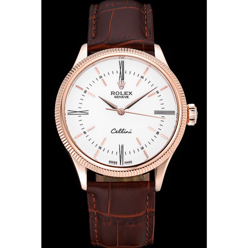Swiss Rolex Cellini Time Gold Case White Dial Brown Leather Bracelet 622655-1