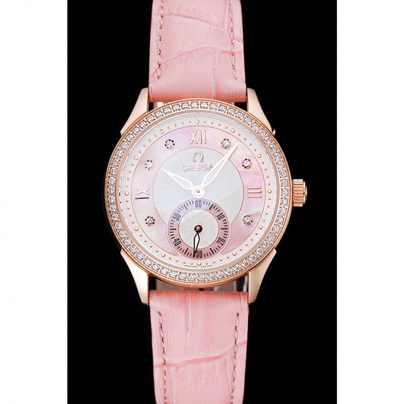 Cheap Omega DeVille Prestige Pink Dial Gold Diamond Case Pink Leather Bracelet 1454126-1