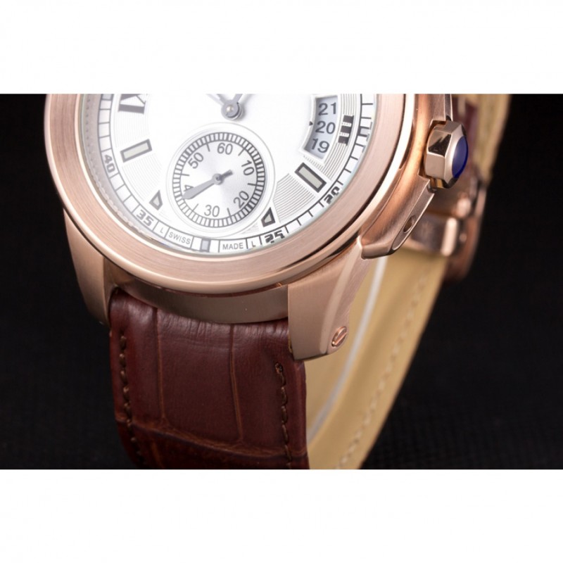 Best Cartier Calibre White Dial Gold Case Brown Leather Bracelet-6
