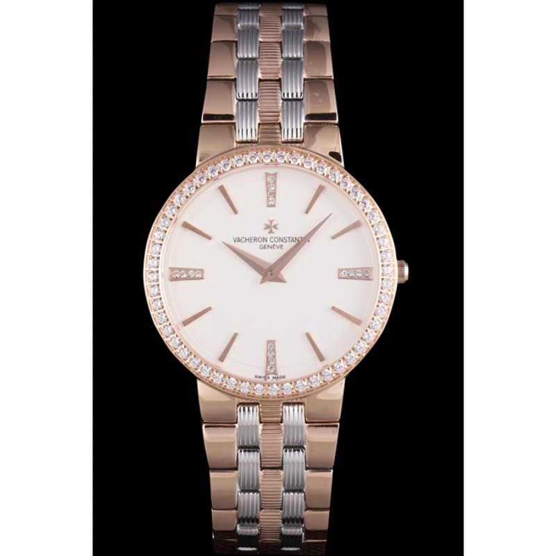 Cheap Vacheron Constantin Patrimony Traditionnelle White Dial Rose Gold Diamond Case Two Tone Bracelet-1