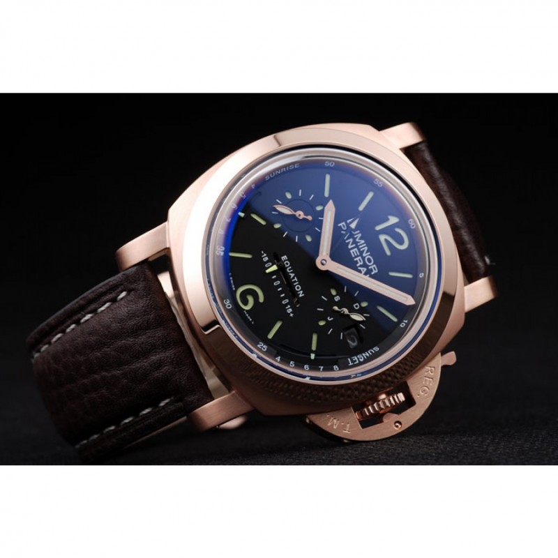 Panerai Luminor Rose Gold Case Black Dial Dark Brown Leather Strap-3