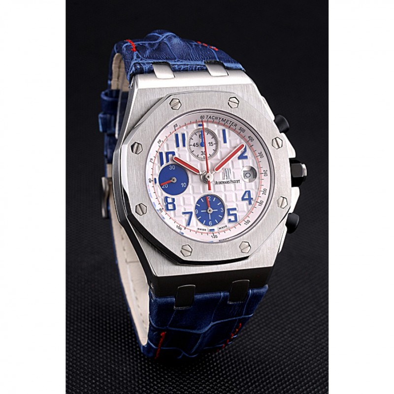 Swiss Audemars Piguet Royal Oak Offshore White Dial Stainless Steel Case Blue Leather Strap 622850-2