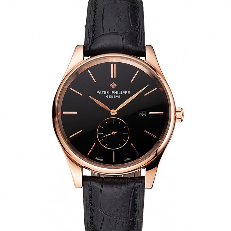 Patek Philippe Calatrava Date Black Dial Rose Gold Case Black Leather Strap-0