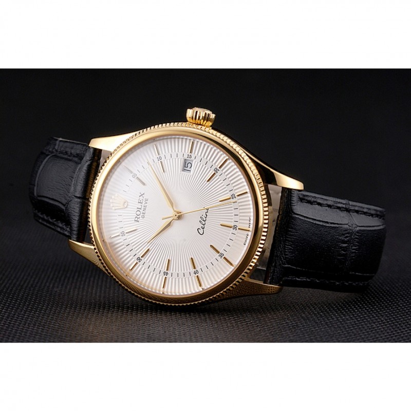 Swiss Rolex Cellini Date White Dial Gold Case Black Leather Strap-3