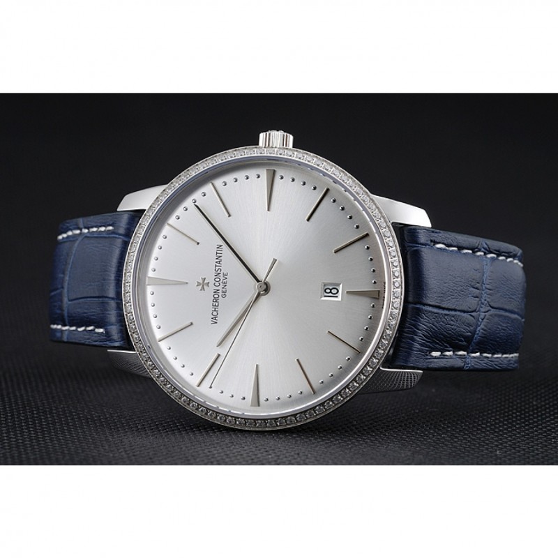 High End Replica Watches Swiss Vacheron Constantin Patrimony Silver Dial Silver Diamonds Case Blue Leather Bracelet 1454161-3