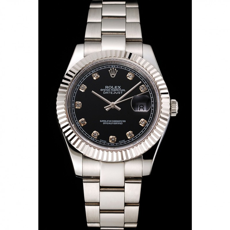 Swiss Rolex Datejust Black Dial Dimond Hour Marks Stainless Steel Case And Bracelet-1