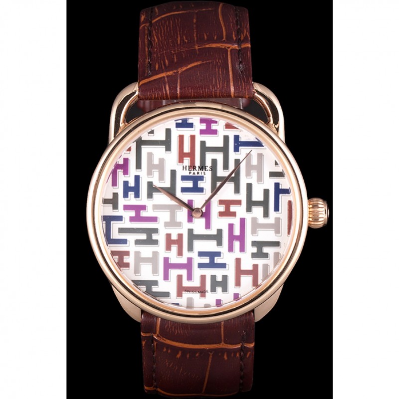 Hermes Classic Croco Leather Strap Multicolor Patterned Logo Dial 801402-1