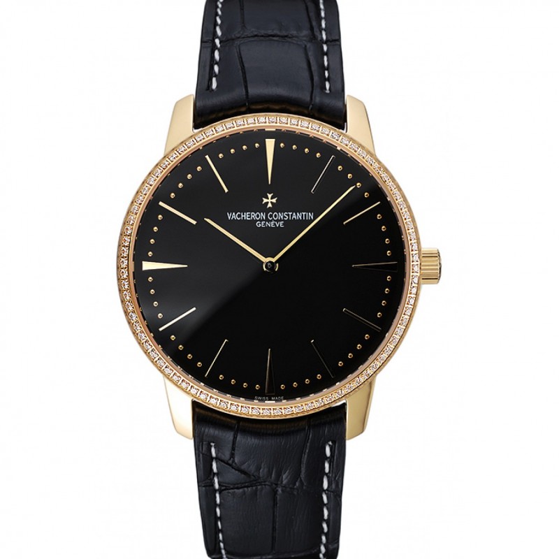 Swiss Vacheron Constantin Patrimony Grand Taille Black Dial Gold Diamond Case Black Leather Bracelet 1454183-0