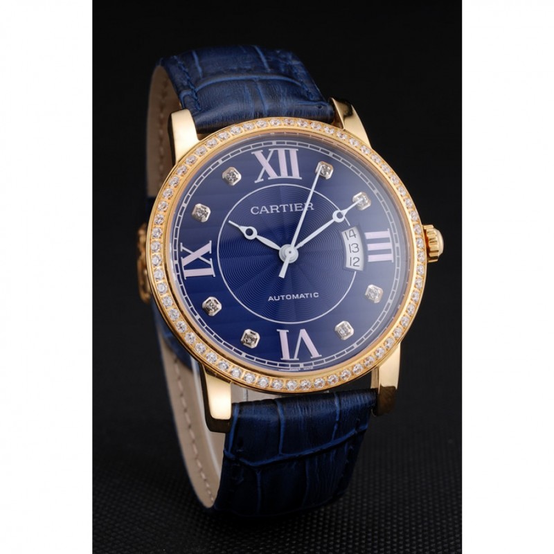 High End Replica Watches Swiss Cartier Ronde Solo Blue Dial Gold Diamond Case Blue Leather Strap-2