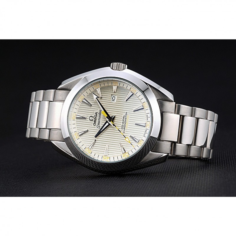 Luxury Replica Watches Omega Seamaster Aqua Terra Ivory Dial Black And Yellow Seconds Hand Stainless Steel Bracelet 622525-4