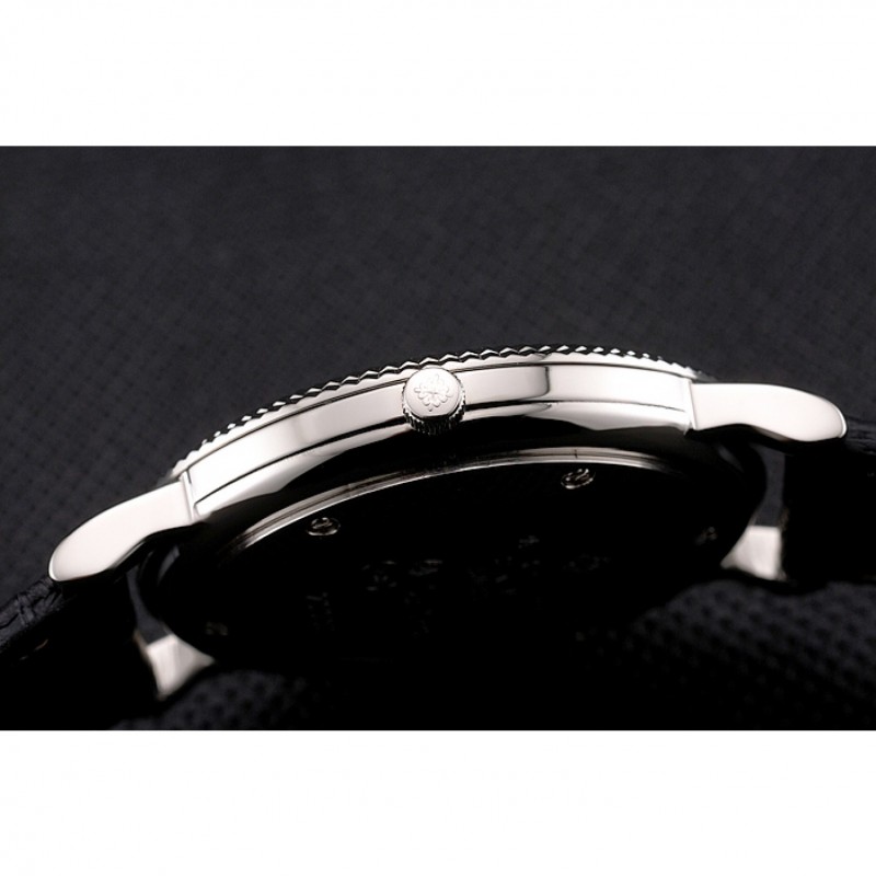 Patek Philippe Calatrava White Dial Roman Numerals Ribbed Bezel Stainless Steel Case Black Leather Strap-8