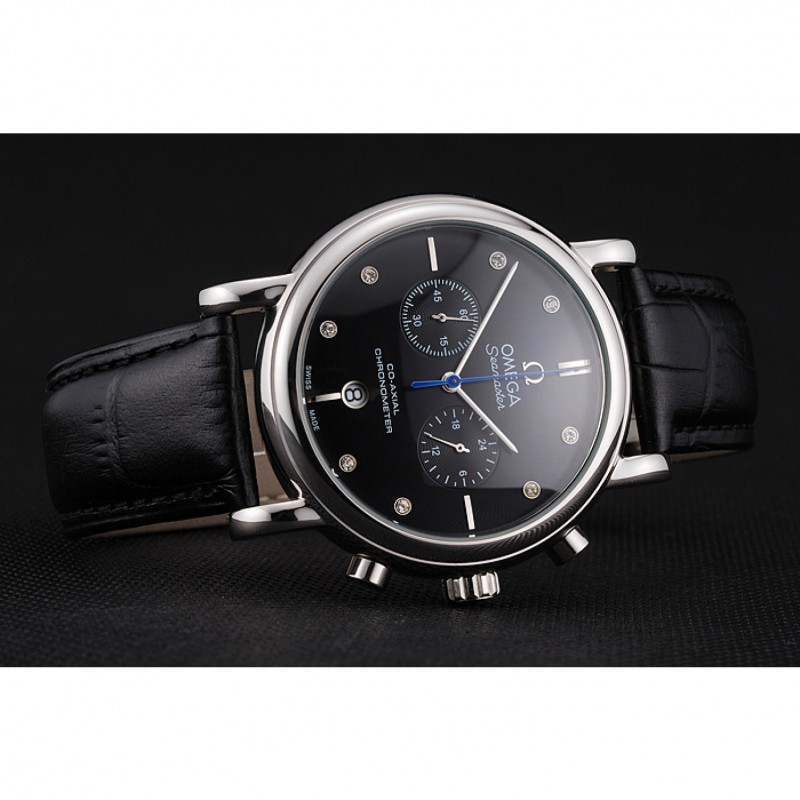 High Quality Omega Seamaster Vintage Chronograph Black Dial Diamond Hour Marks Stainless Steel Case Black Leather Strap-4