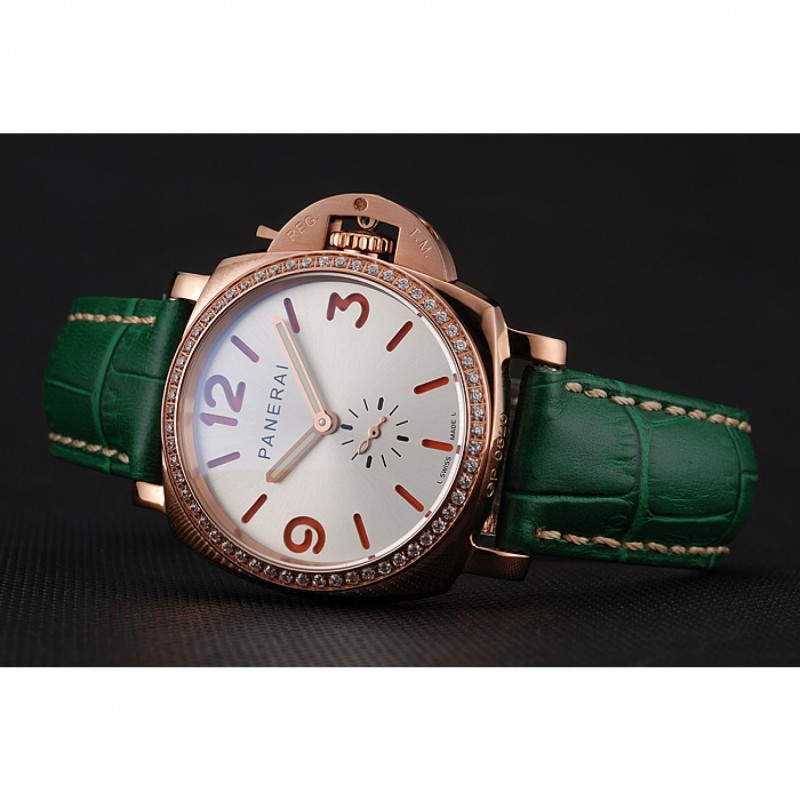 Panerai Radiomir White Dial Diamond Bezel Rose Gold Case Green Leather Strap 1453803-3