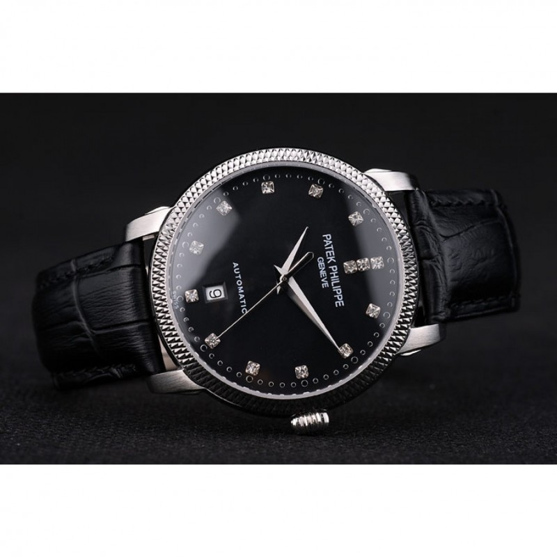Patek Philippe Swiss Calatrava Ribbed Bezel Black Dial Black Leather Strap 7661-3