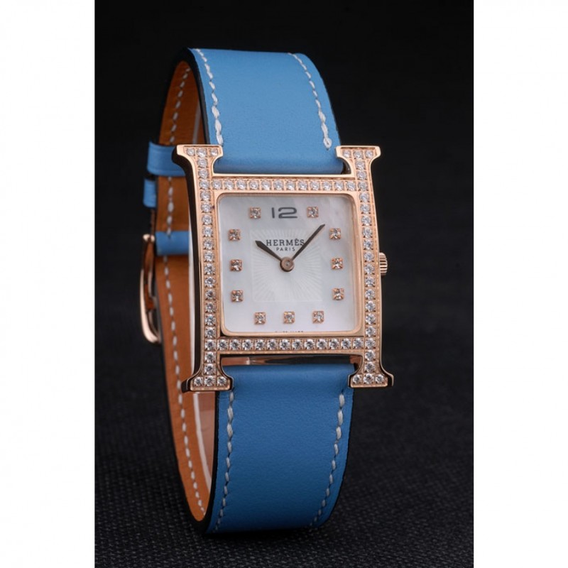 Hermes Heure H Rose Gold Diamond Encrusted Bezel Blue Leather Strap White Dial 80238-2