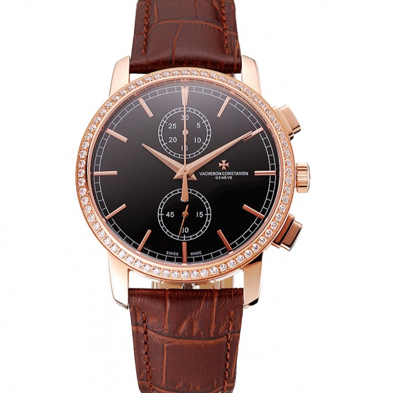 AAA Replica Watches Swiss Vacheron Constantin Patrimony Traditionnelle Chronograph Black Dial Diamond Bezel Rose Gold Case Brown Leather Strap 1453765-0
