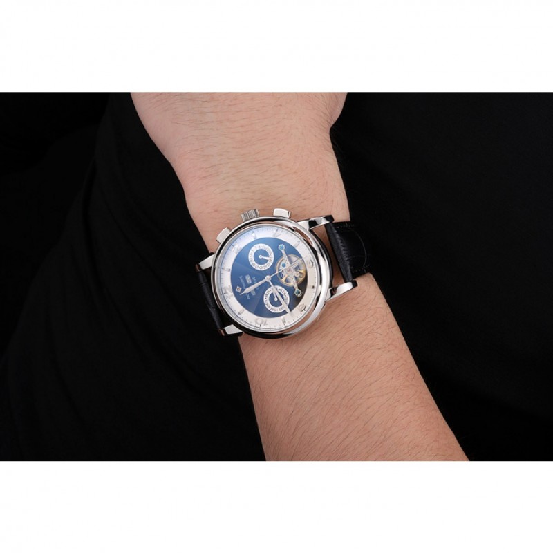 SS Replica Watches Patek Philippe Perpetual Calendar Tourbillon Two Tone Dial Stainless Steel Case Black Leather Strap-8