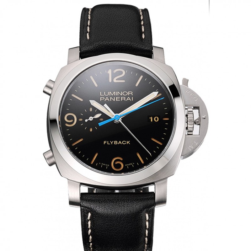 Luxury Replica Watches Swiss Panerai Luminor Flyback Chronograph Black Dial Stainless Steel Case Black Leather Strap-0