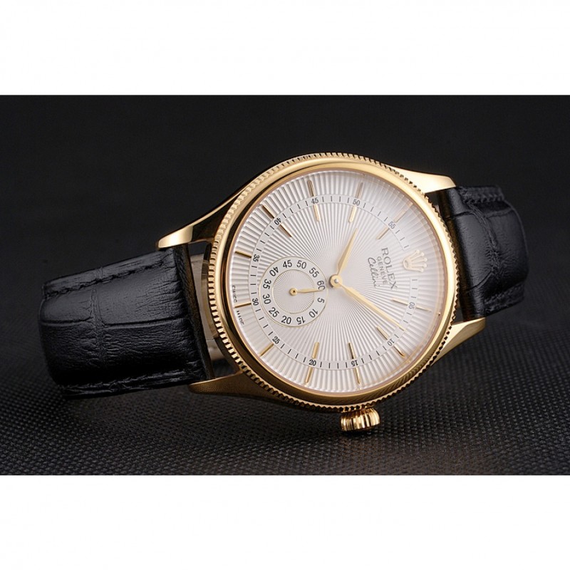 High End Swiss Rolex Cellini White Dial Gold Case Black Leather Strap-4