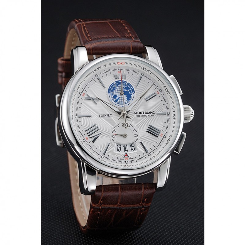 Cheap Replica Watches Montblanc Twinfly Chronograph White Dial Brown Leather Bracelet 1454117-2