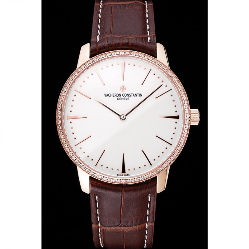 Swiss Vacheron Constantin Patrimony Grand Taille White Dial Rose Gold Diamonds Case Brown Leather Bracelet 1454171-1