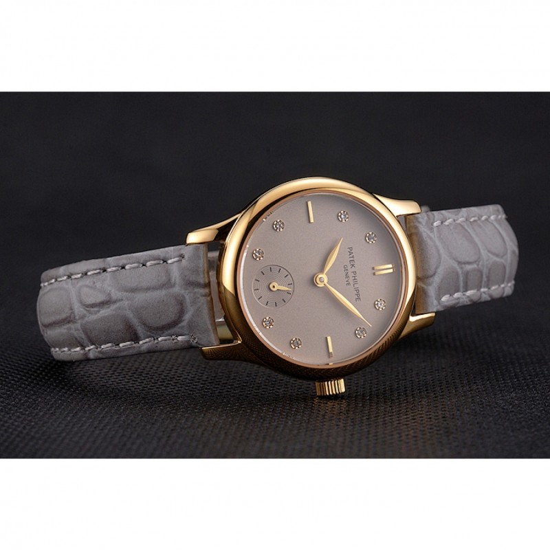 Patek Philippe Calatrava Gray Dial Diamond Markings Gold Case Gray Leather Strap-3