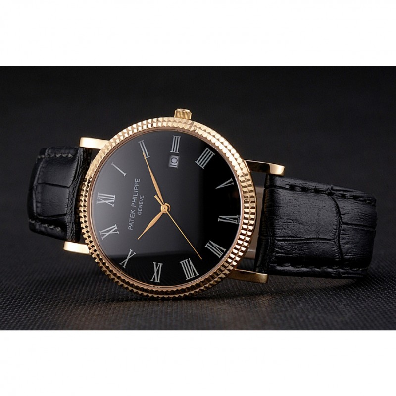 Patek Philippe Calatrava Black Dial Roman Numerals Ribbed Bezel Gold Case Black Leather Strap-3