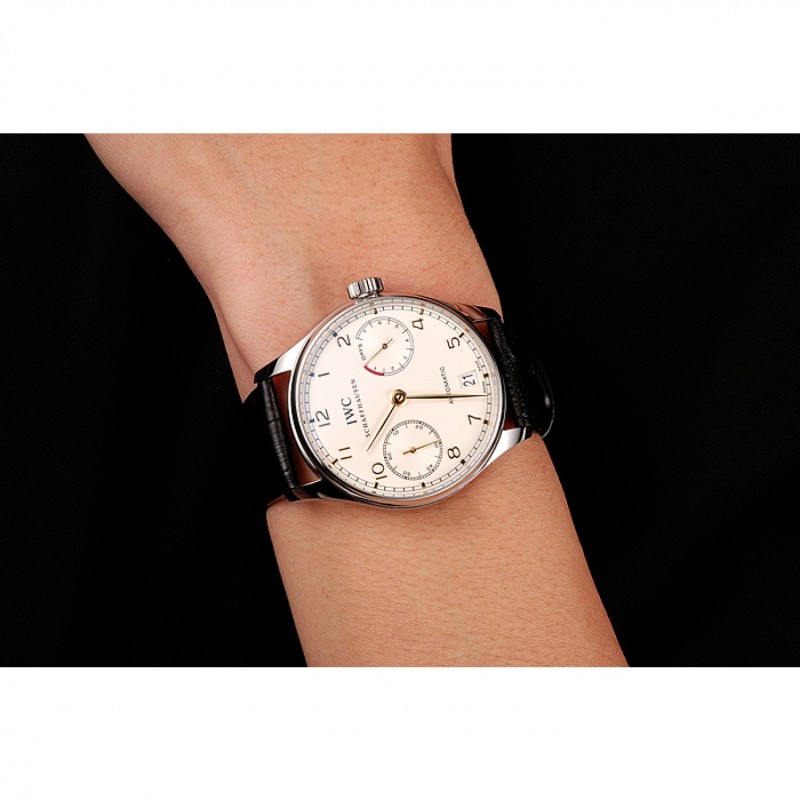 Swiss IWC Portuguese White Dial Gold Numerals Silver Case Black Leather Bracelet 1453908-8