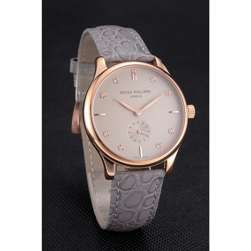 High End Replica Watches Patek Philippe Calatrava Gray Dial Diamond Markings Rose Gold Case Gray Leather Strap-2