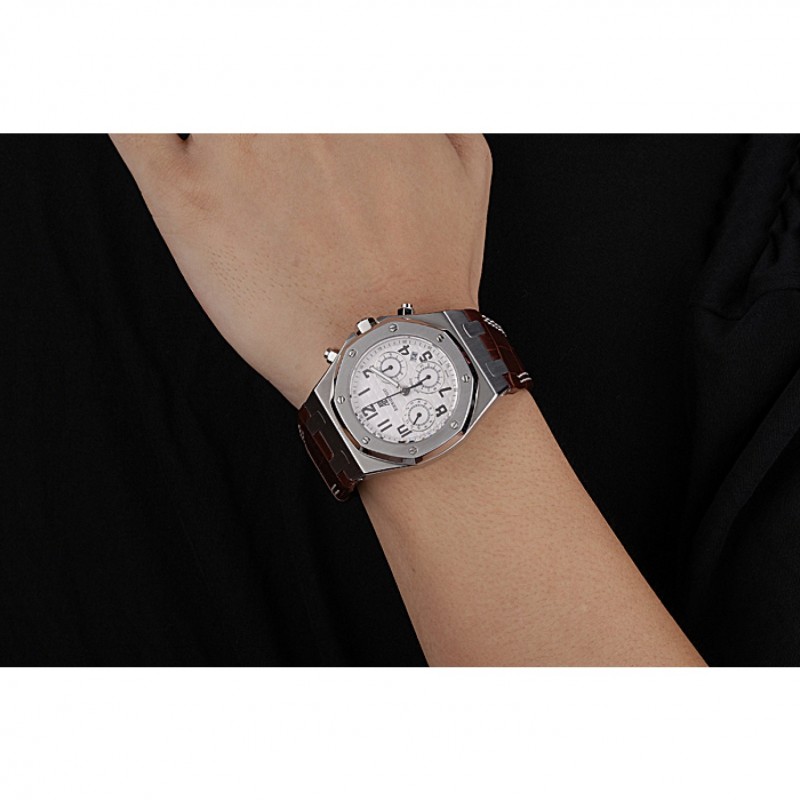 Swiss Audemars Piguet Royal Oak Chronograph White Dial Stainless Steel Case Brown Leather Strap 622864-7