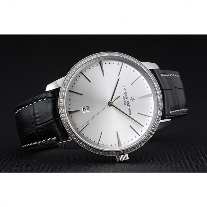 SS Replica Watches Swiss Vacheron Constantin Patrimony White Dial Silver Diamonds Case Black Leather Bracelet 1454162-4