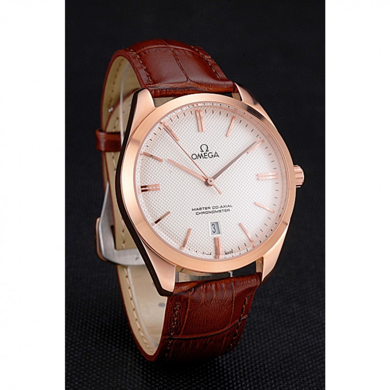 Omega Tresor Master Co-Axial White Dial Rose Gold Case Brown Leather Strap-2