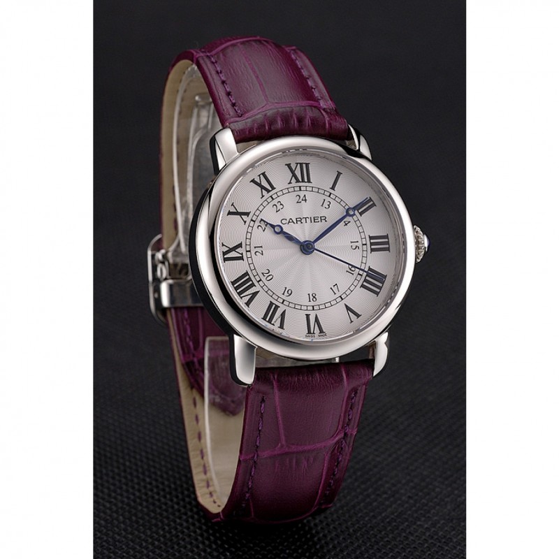 Cartier Ronde White Dial Stainless Steel Case Purple Leather Strap-2