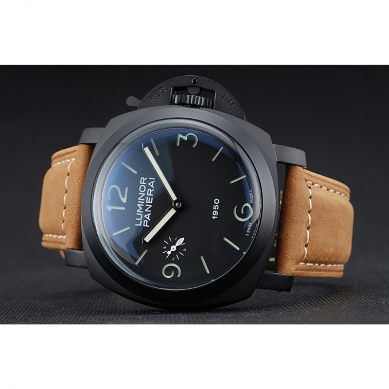 Panerai Luminor Black Ionized Stainless Steel Case Black Dial Brown Suede Leather Strap-4