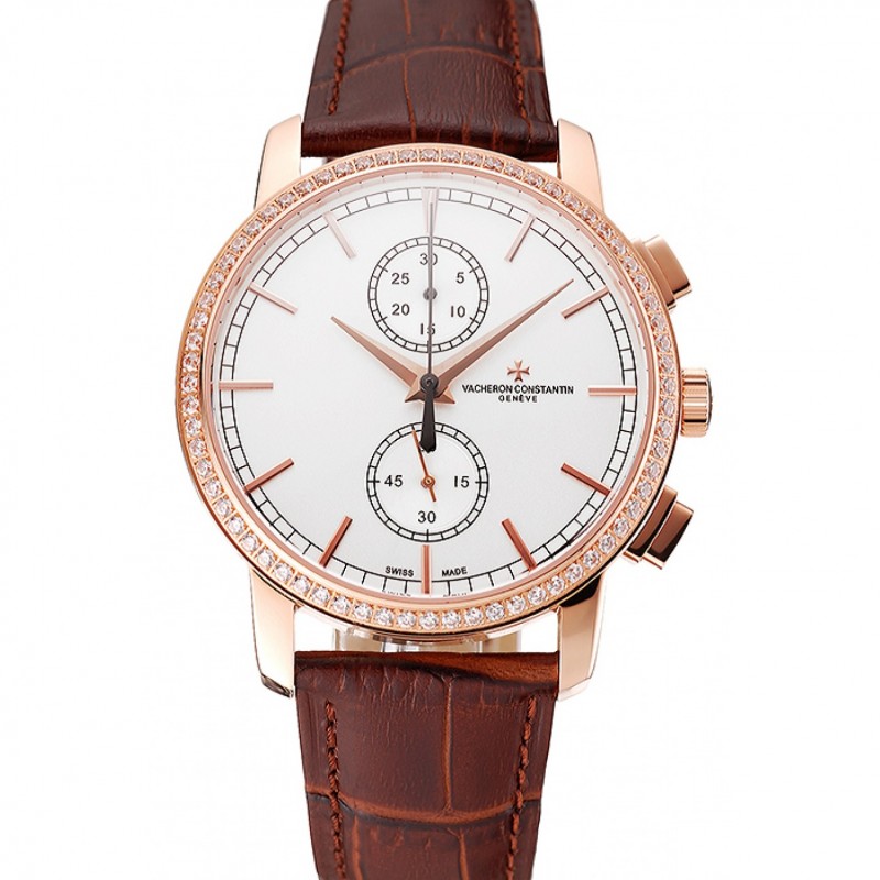 Swiss Vacheron Constantin Patrimony Traditionnelle Chronograph White Dial Diamond Bezel Rose Gold Case Brown Leather Strap 1453764-0