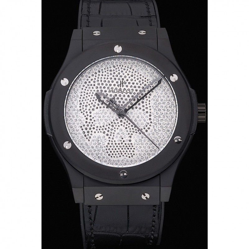 Hublot Classic Fusion Diamond Skull Dial Black Steel Case Black Leather Strap 622815-1
