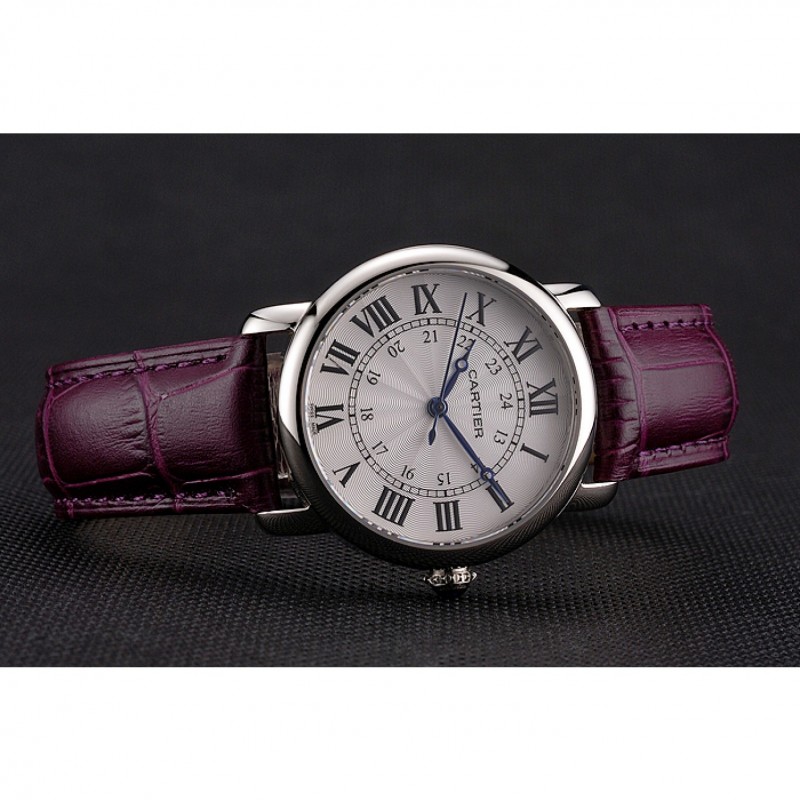 Cartier Ronde White Dial Stainless Steel Case Purple Leather Strap-4