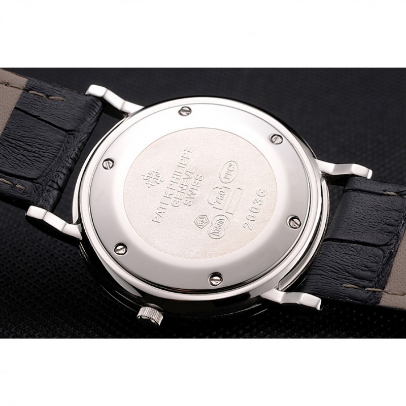 Patek Philippe Calatrava Black Dial Roman Numerals Ribbed Bezel Stainless Steel Case Black Leather Strap-7