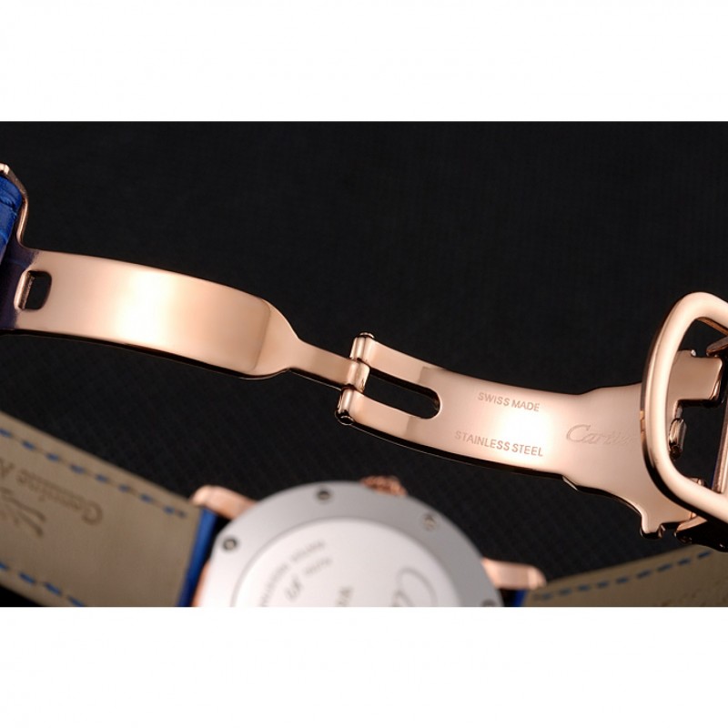 Cartier Ronde White Dial Diamond Bezel Rose Gold Case Blue Leather Strap-6
