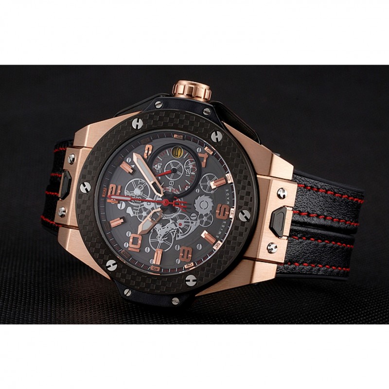 SS Replica Watches Hublot Big Bang Ferrari Silver Dial Carbon Bezel Gold Case Black Leather Strap 622769-4