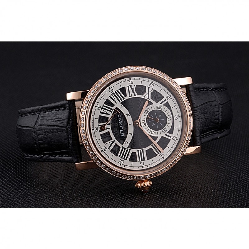 High Quality Replica Watches Cartier Rotonde Black And White Dial Gold Case With Jewels Black Leather Strap 622758-4