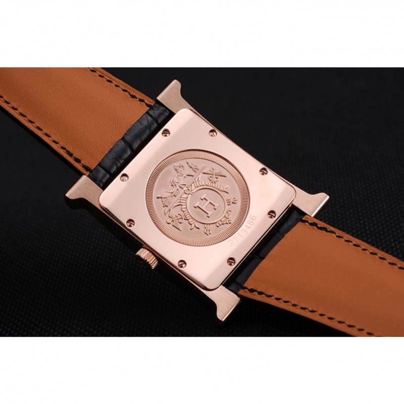 Hermes Heure H White Dial Gold Case Black Leather Strap-8