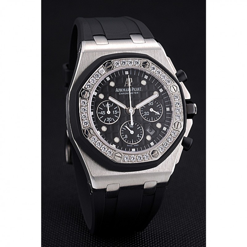 Swiss Audemars Piguet Royal Oak Chronometer Black Dial Diamond Bezel Stainless Steel Case Black Rubber Strap 622867-2