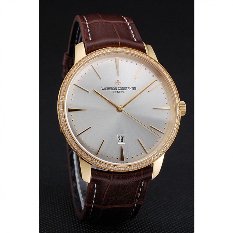 Swiss Vacheron Constantin Patrimony White Dial Gold Diamond Case Brown Leather Bracelet 1454180-2