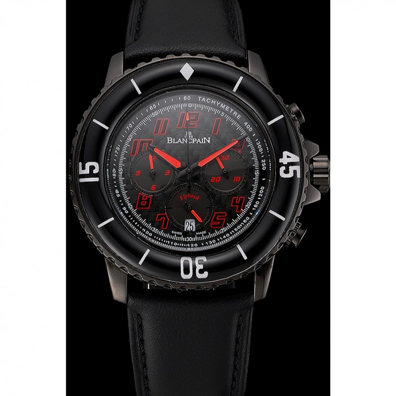 Blancpain Fifty Fathoms Speed Command Carbon Fiber Dial With Red Markings Black PVD Case Black Leather Strap 1453775-1