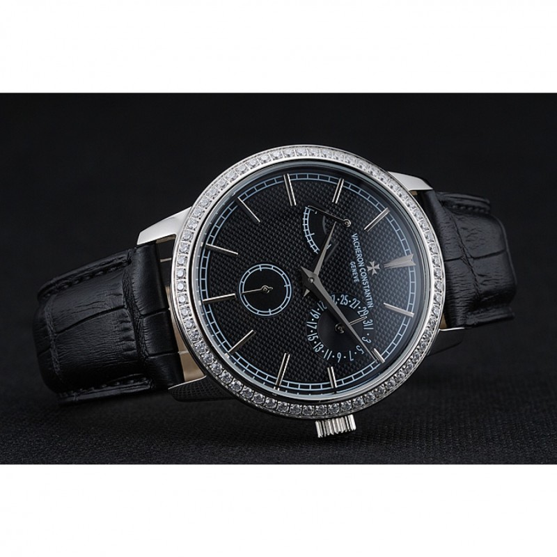 Vacheron Constantin Patrimony Power Reserve Black Dial Silver Diamond Case Black Leather Bracelet 1454267-4