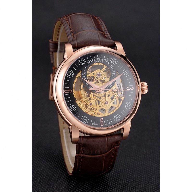 Swiss Patek Philippe Complications Openworked Dial Rose Gold Case Brown Leather Strap-2